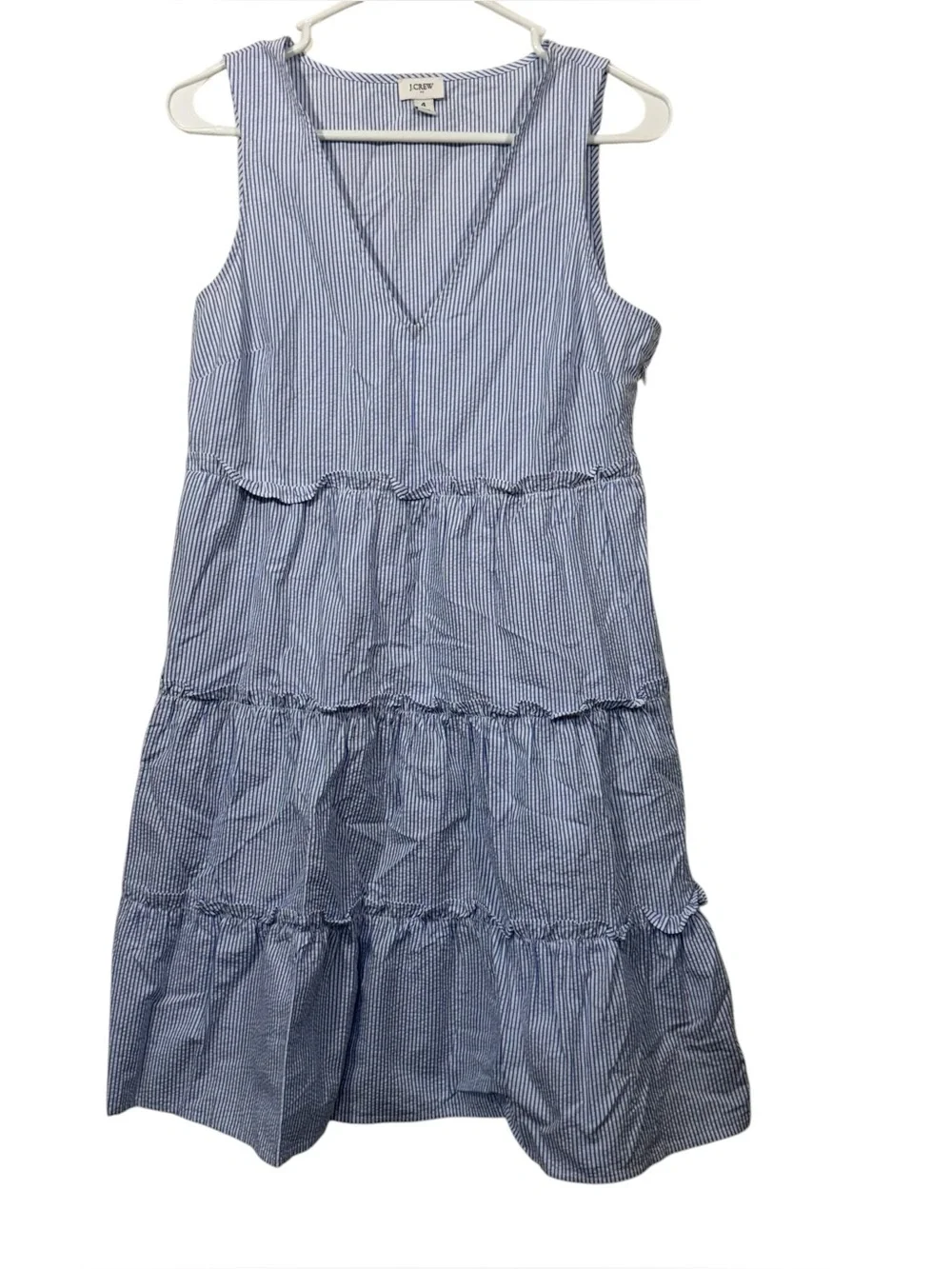 J. Crew Seersucker Tiered Ruffle Striped V-Neck Sleeveless Mini Dress